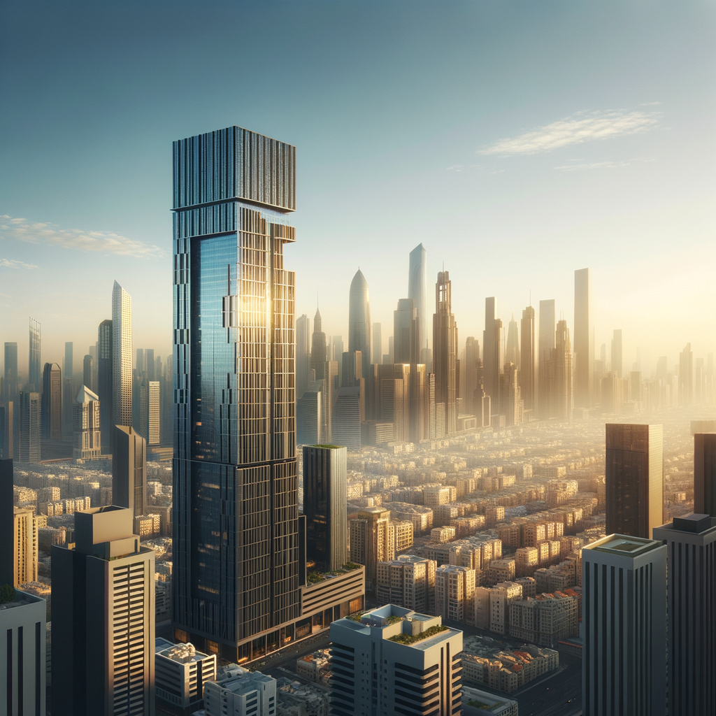 Dana Tower exterior view and Jumeirah Village Circle skyline