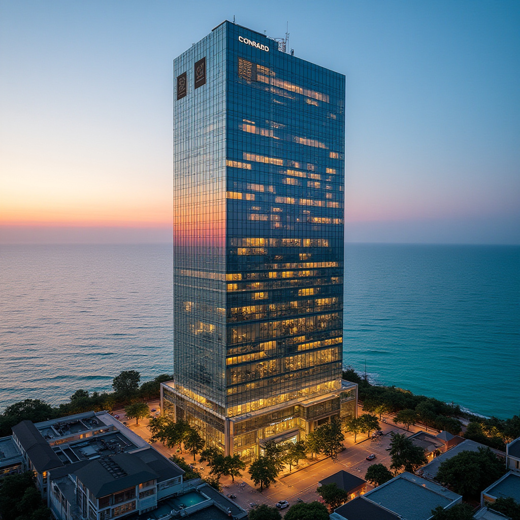 Conrad Business Tower exterior at sunset with turquoise sea reflections
